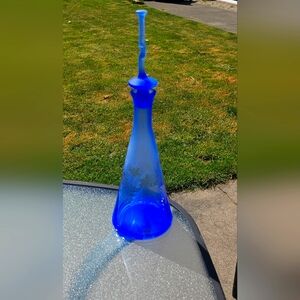 Vintage Retro Blue Decanter Engraved Glass In Good Used Condition